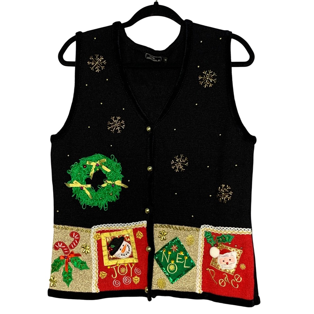 Ugly Christmas Vest Womens M Black‎ Wreath Snowman Santa Claus Joy Noel Peace